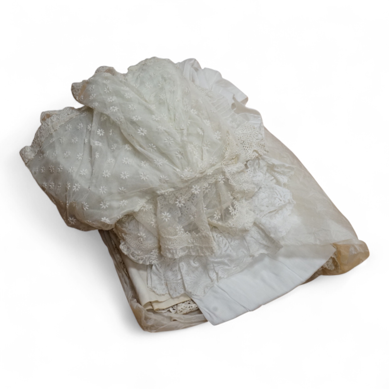 A collection Victorian textiles to include a lace christening gown, Irish crochet and a net baby gown